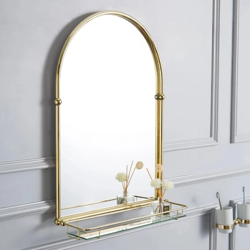 

Light luxury metal bathroom dresser mirror retro bathroom mirror copper chrome-plated gold Nordic wall-mounted makeup mirror
