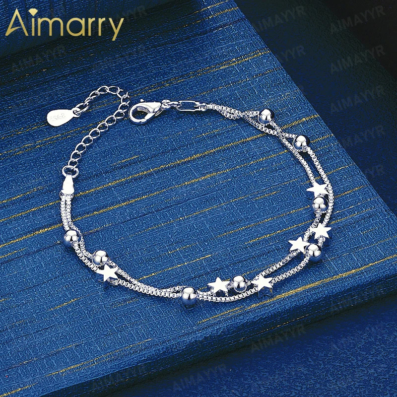 925 Sterling Silver Double-layer Box Chain Star Round Bead Bracelet for Women's Banquets High-quality Fashion Jewelry