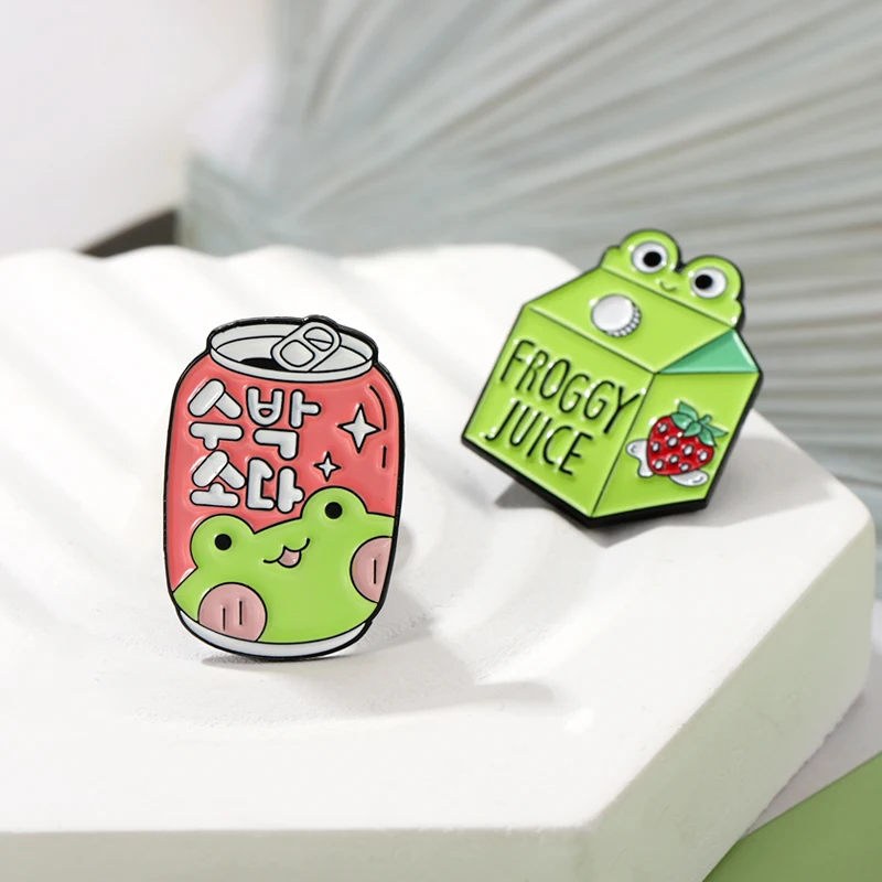 Froggy Enamel Pins Custom Cute Frog Coffee Mug Milk Juice Can Brooches Lapel Badges Animal Jewelry Gift for Kids Friends