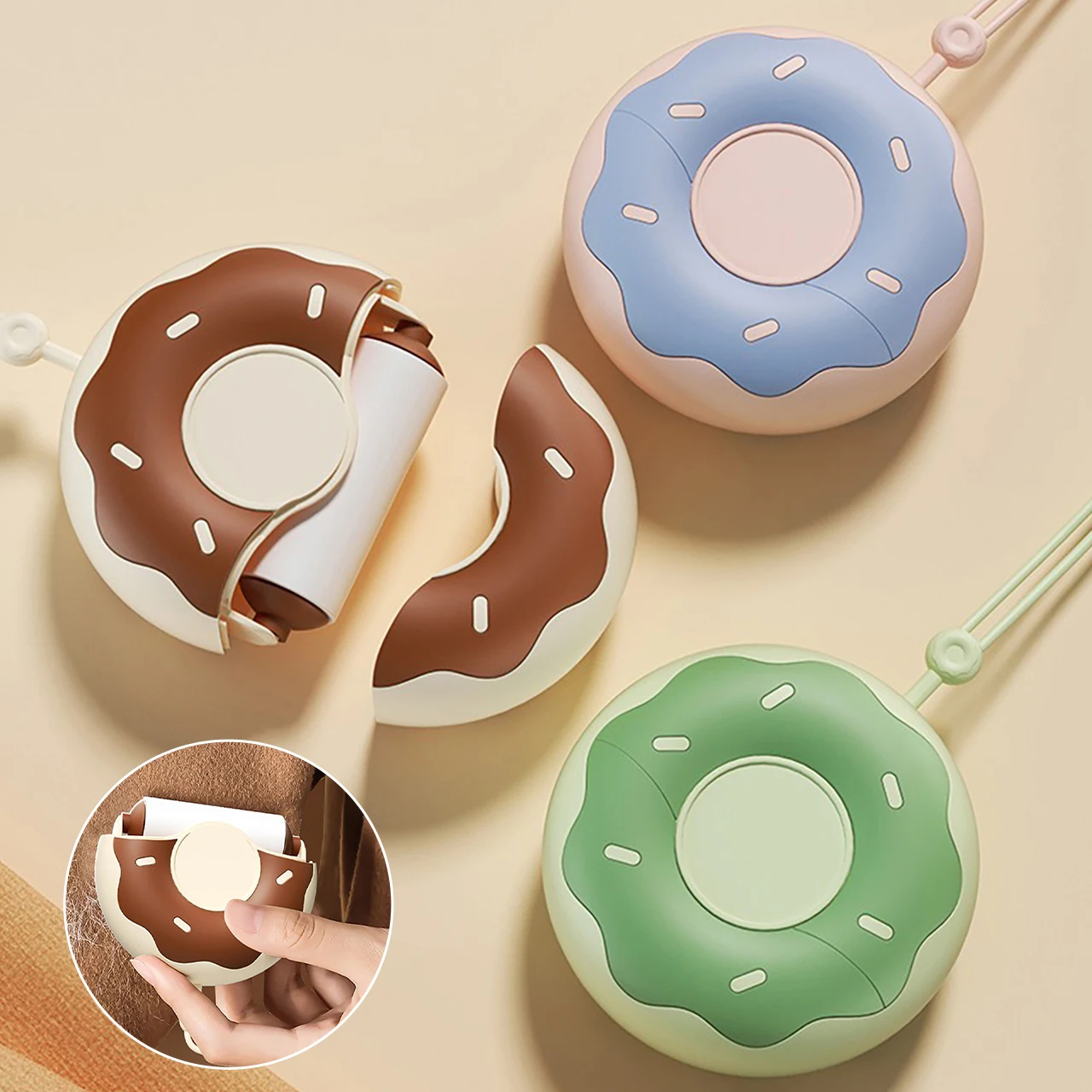 

Portable Lint Roller Donut Pet Hair Clothes Remover Diagonal Tear Compact Cleaning Brush Travel Office Hair Removal Tool