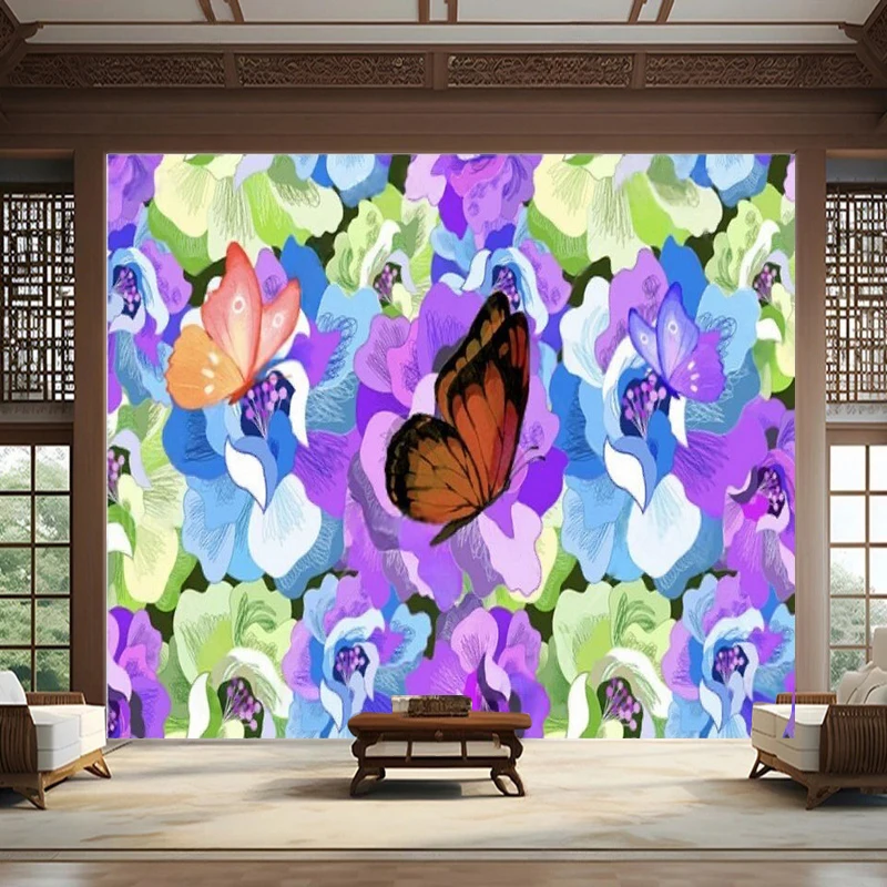 New Modern Garden Butterfly Flower Appreciation-Beautiful And Romantic Colorful Painting Decorative Mural For Retro Flower Shop