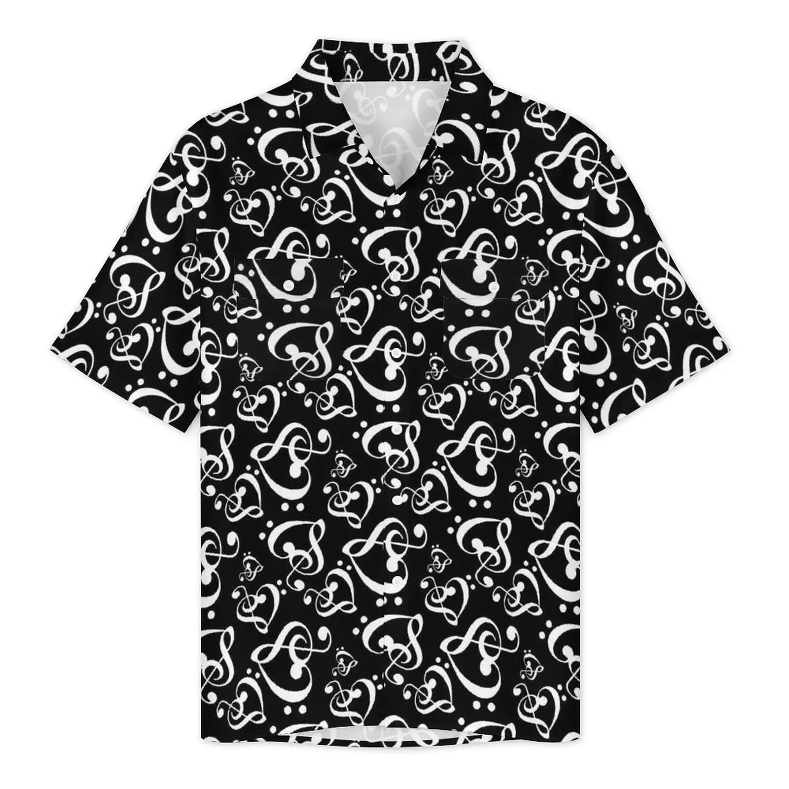 Hearts Music Notes Beach Shirt Black White Hawaiian Casual Shirts Man Retro Blouses Short Sleeve Y2K Fashion Custom Clothes