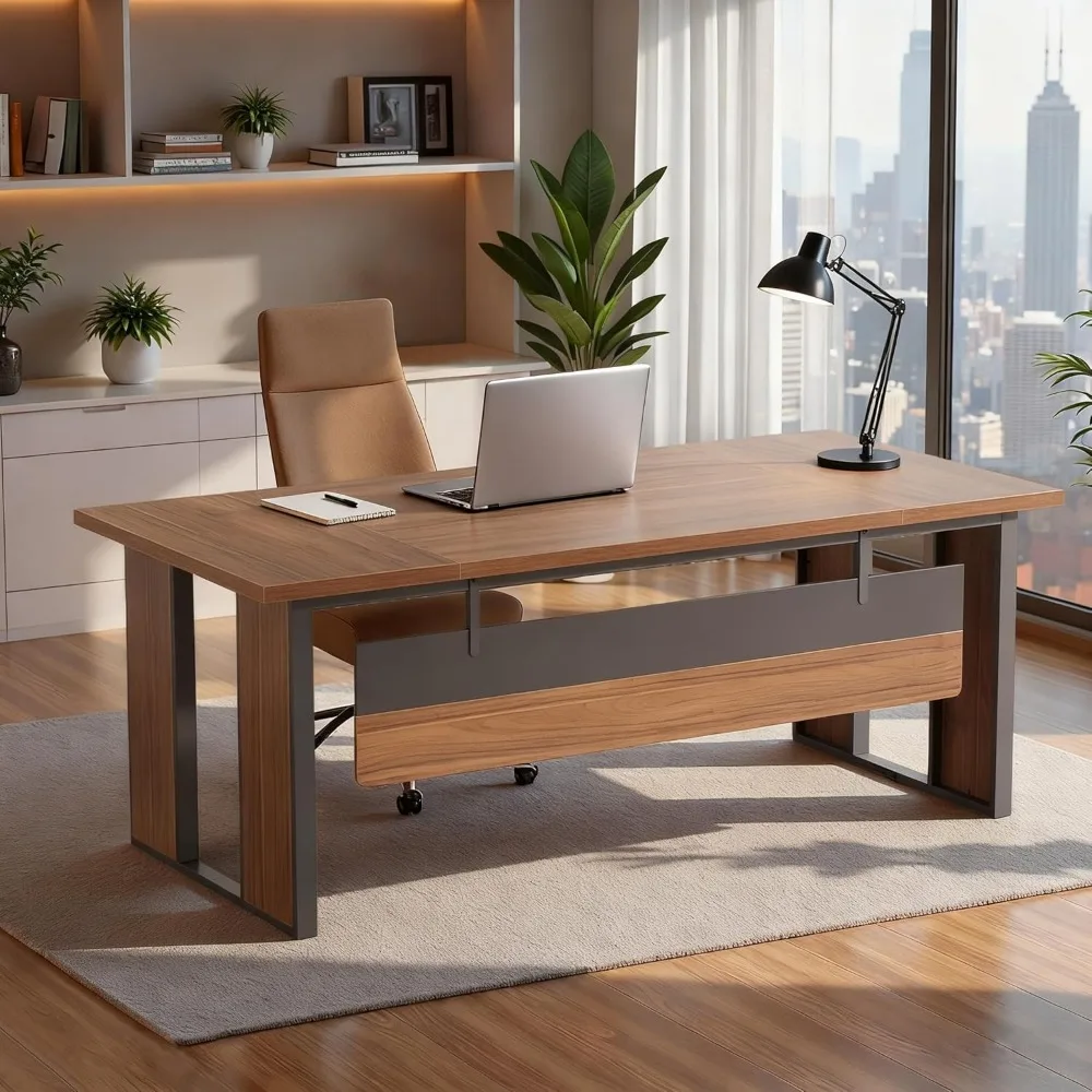 

63" Executive Desk, Modern Office Desk with Privacy Panel & Metal Frame, Large Computer Desk for Home Office, Customized