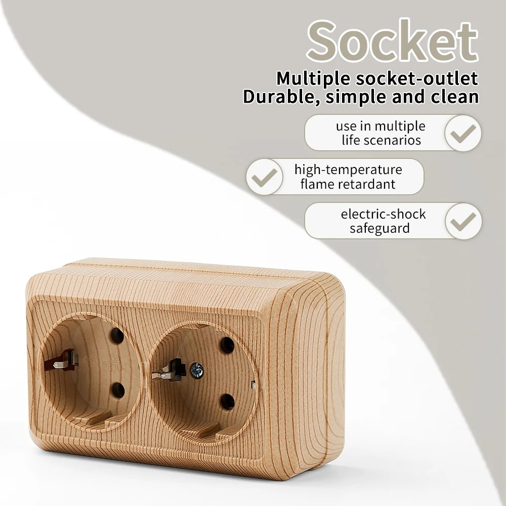 Wood EU Standard Power Sockets Electrical Outlets Classic With Ground Paint Plastic Plugs Socket Wall Mounted Flame Retardant