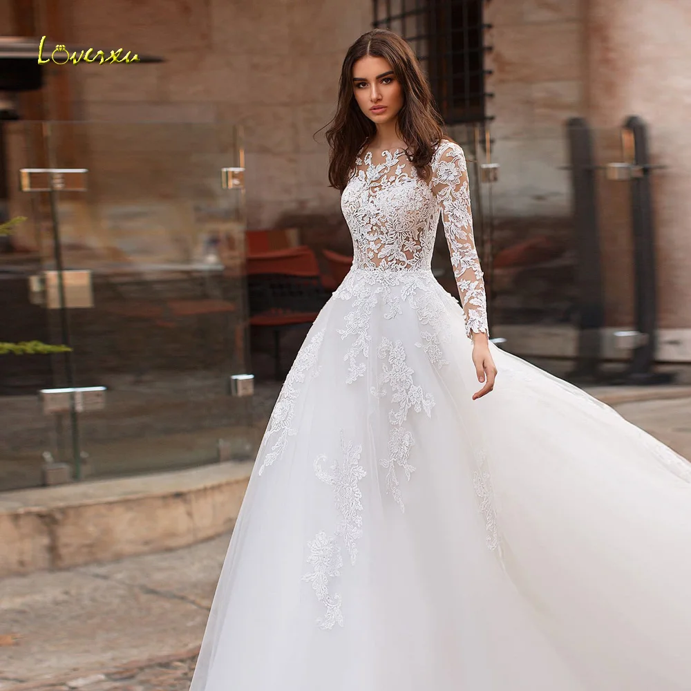 

Loverxu Vintage Wedding Dresses 2024 O-Neck Long Sleeve Robe De Mariee Sequined Appliques A-Line Illusion Chic Vestido De Novia