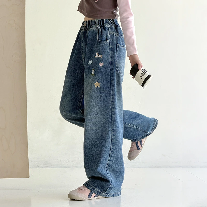 Girls Pentagram Printed Jeans Wide Leg Pants Spring Autumn Loose Fit Teen Children Denim 5-14 Years Kids Stylish Casual Trousers
