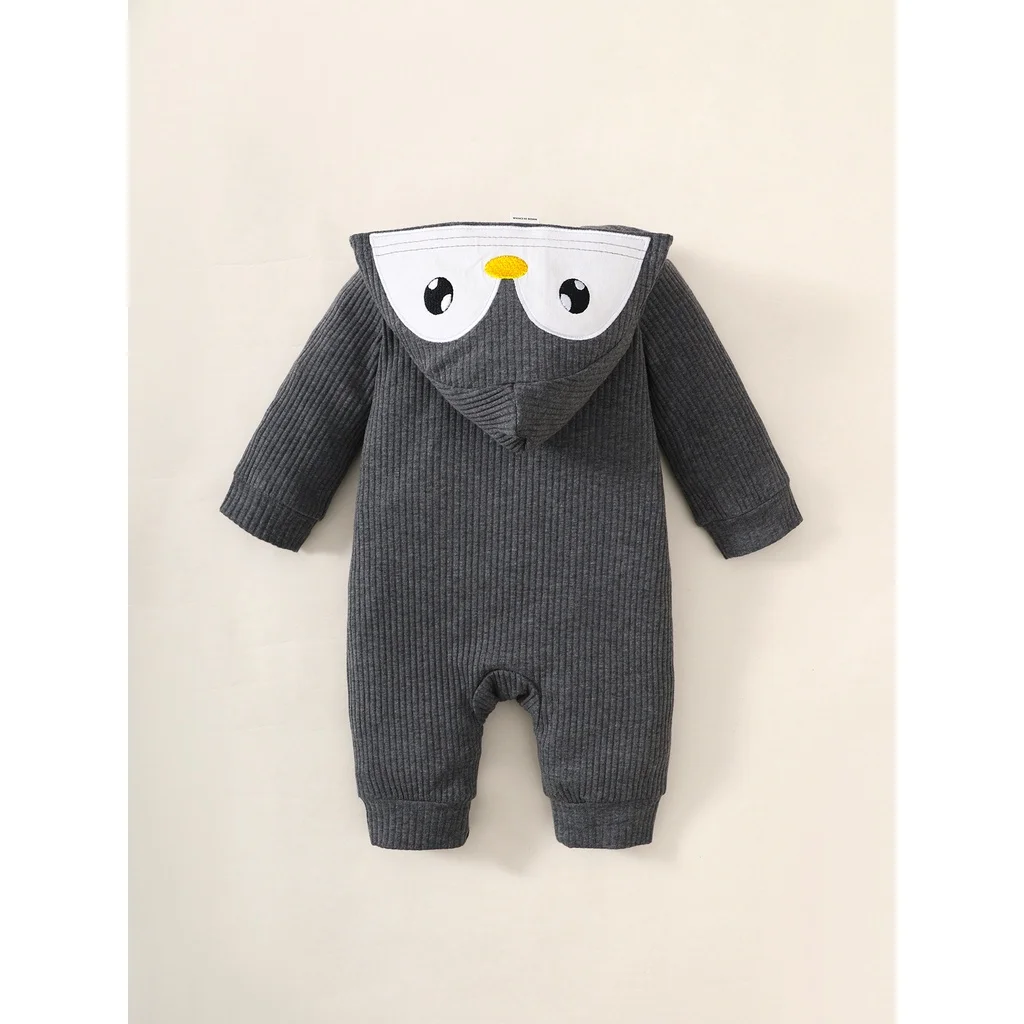 0-6 Months Baby Boy Cute Penguin Hooded with White Small Circle Single-Breasted Bodysuit Dark Grey Long-sleeved Romper Pajamas