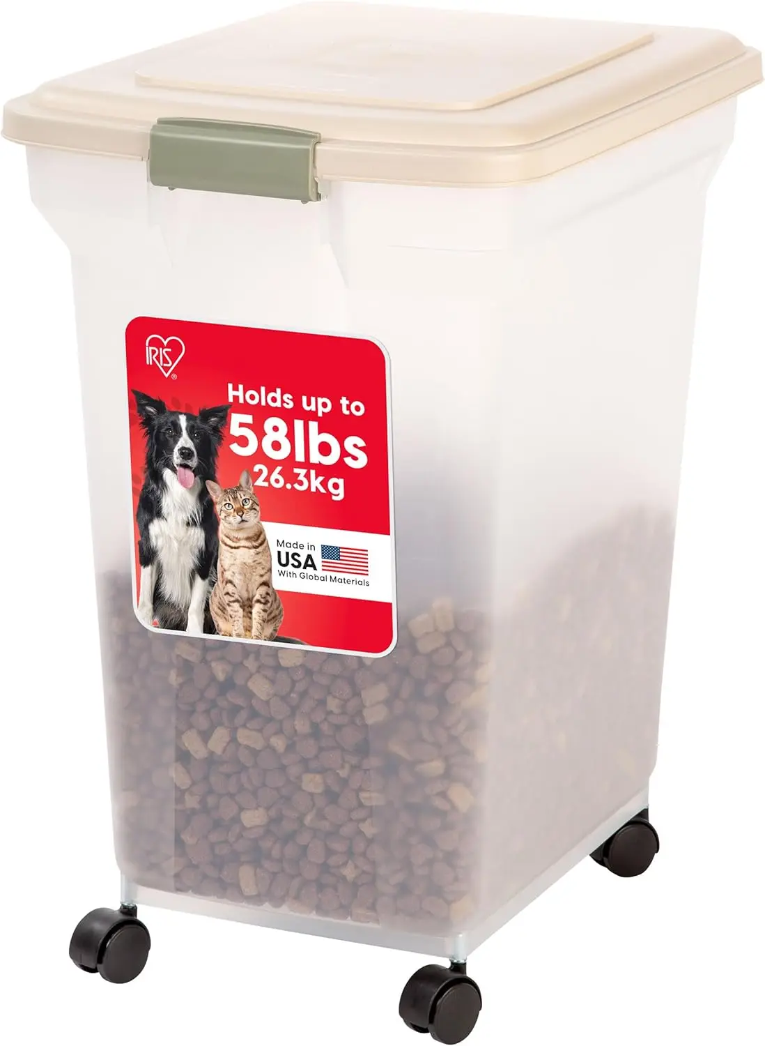 

58 Lbs Airtight Pet Food Storage Container with Casters, Translucent Bin for Dog Cat Bird, Keep Fresh Almond/Clear