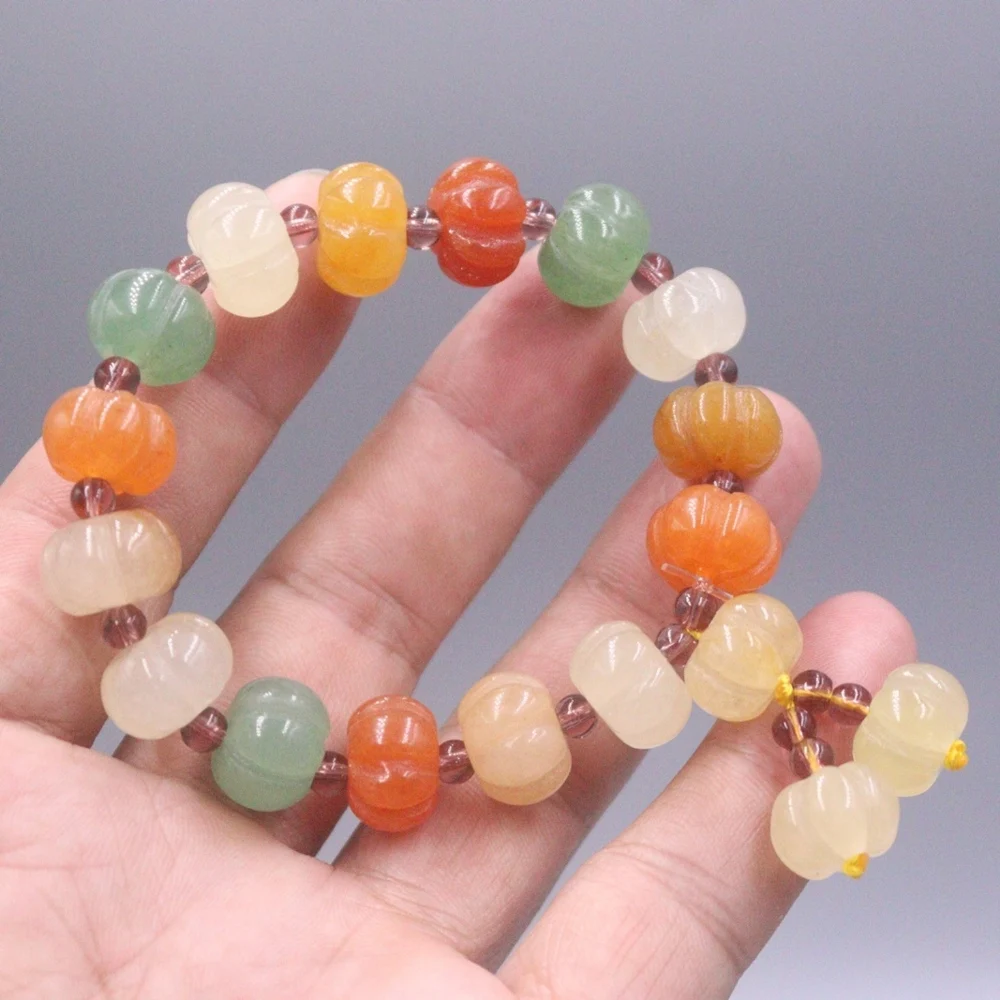 Natural Colorful Jade Men Women Best Gift 13mm Carved Pumpkin Beaded Bracelet