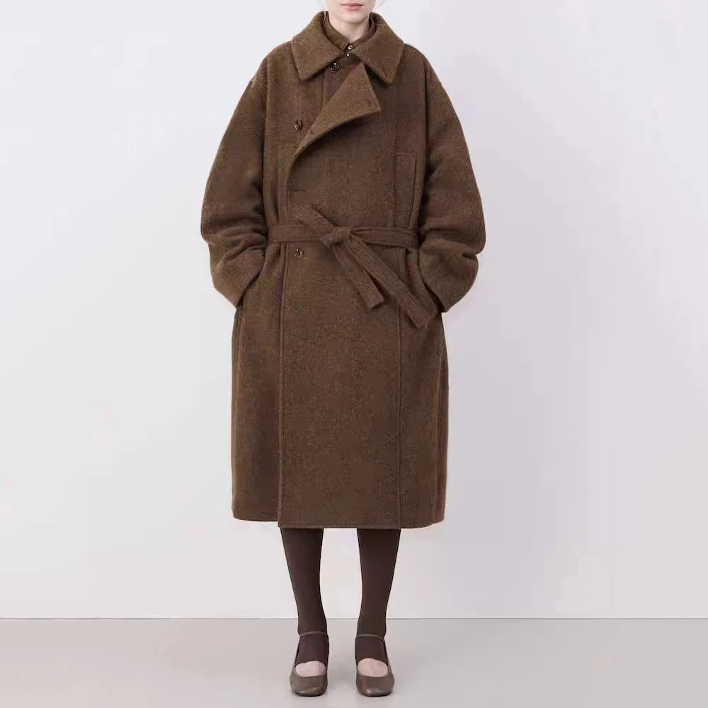 ผู้หญิงWool Tweed Coat,เข็มขัดรัดตัว,Double Breasted,อารมณ์Commuter Jacket,คุณภาพสูง,ใหม่,ฤดูใบไม้ร่วงและฤดูหนาว,Y2k,2024