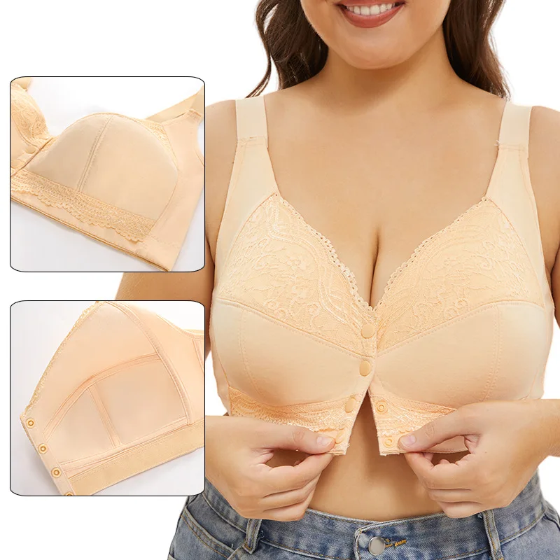 A-G Cup Women Plus Size Bra Front Closure Push Up Wire Free Brassiere Sexy Wireless Lace Breathable Bralette Underwear Lingerie
