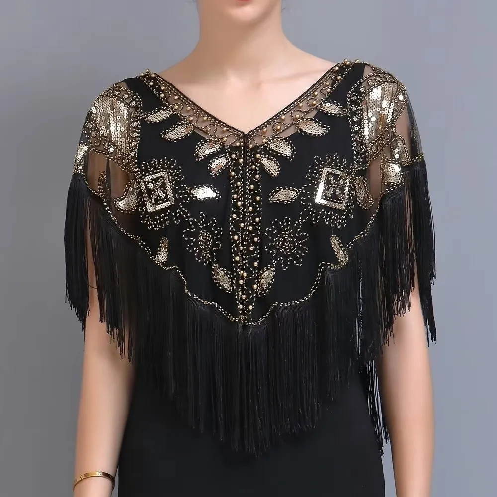 New Mesh Wrap Sequined Shawl Sheer See Through With Tassel Cape Cover Up Tulle Shawl Cloak Evening Prom Cape Women