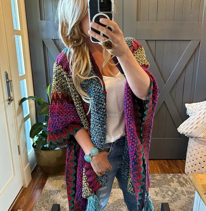 The Bohemian Loom Moroccan Knit Tasseled Handmade Poncho Cardigan Sweater by Lavender Tribe Design Crochet Shawl