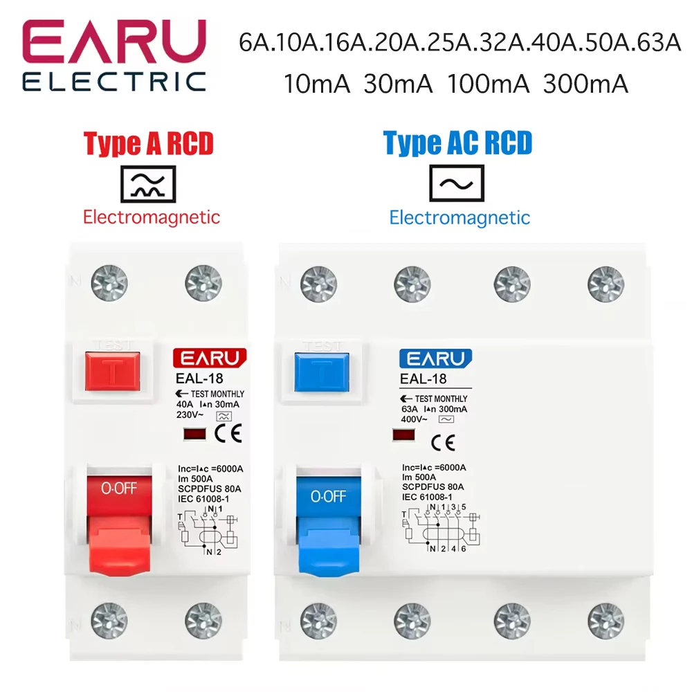 2P 4P 10/30/100/300mA Type A /AC RCCB RCD ELCB Residual Current Circuit Breaker Short Current Leakage Protection 32A 40A 50A 63A