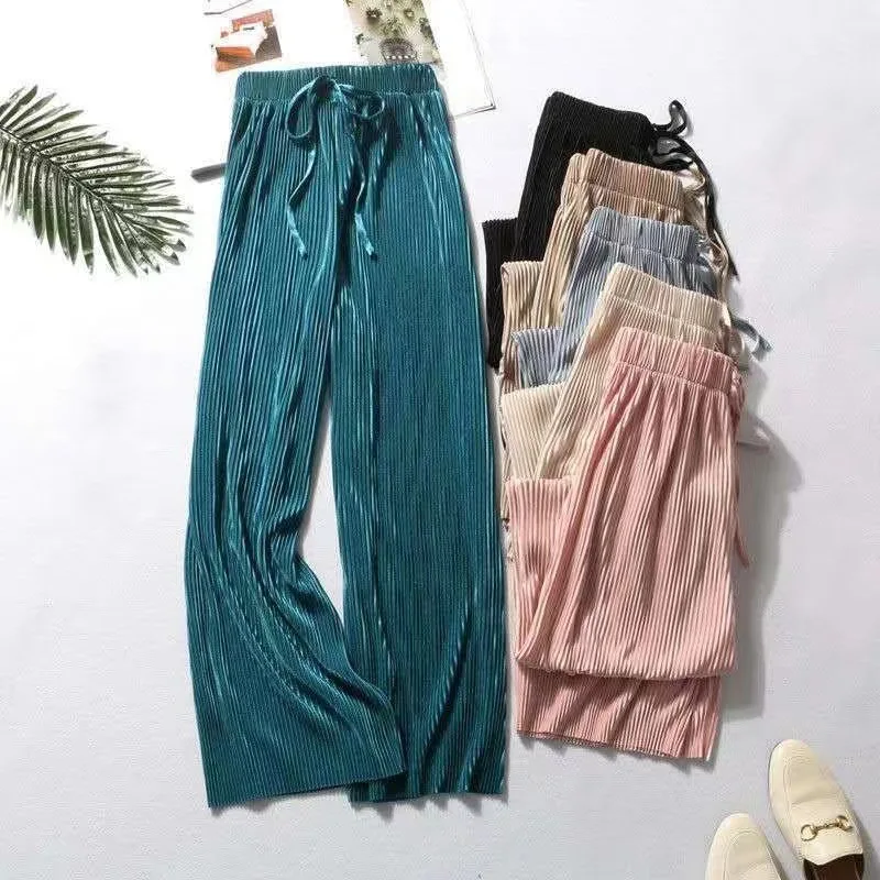 Ice Silk Wide Leg Pants Women's Summer New Elastic Waist Pleated Slimming plus Size Loose Casual Pants High Waist Asymmetric