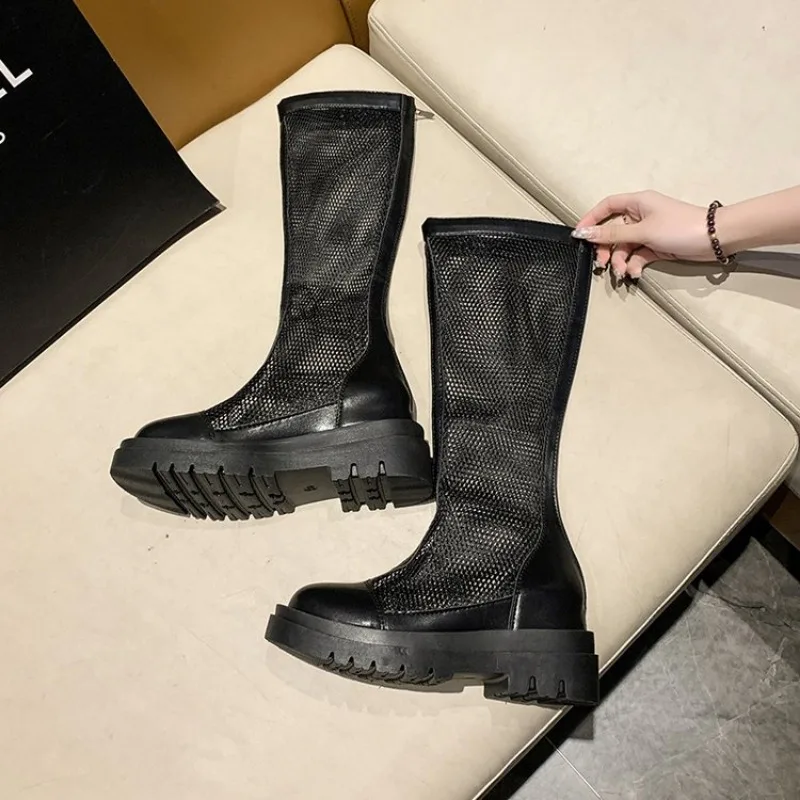 Long Boot Women Thin 2024 Summer New Net Fashion Thick Bottom Hollow Cool Boots with Breathable Mesh Gauze Boots