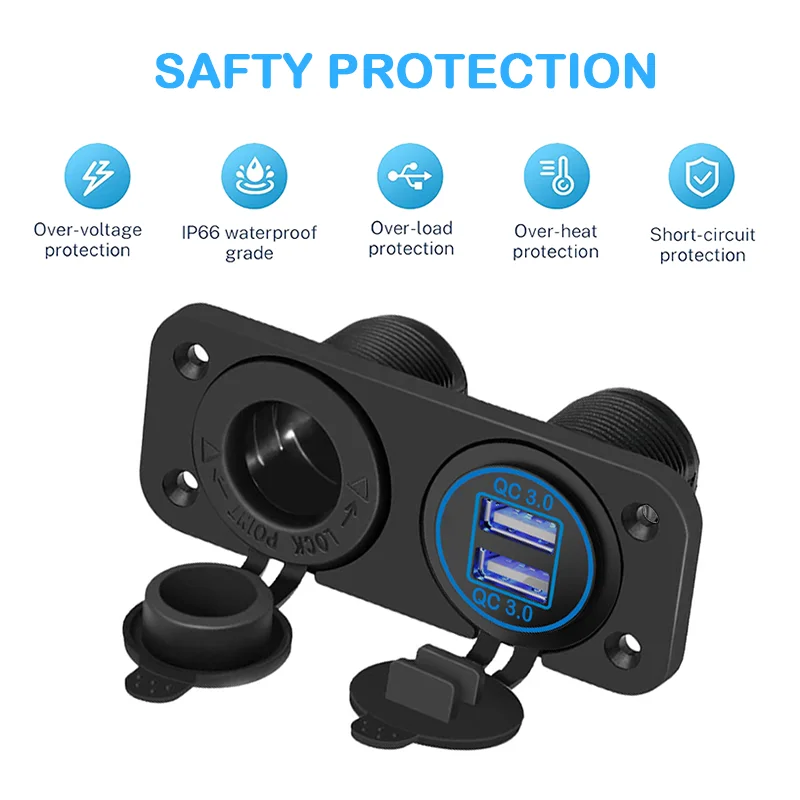 36W QC3.0 USB Socket Panel Waterproof Quick Charge Dual USB Socket Cigarette Lighter Adapter for Car Boat RV Motorcycle