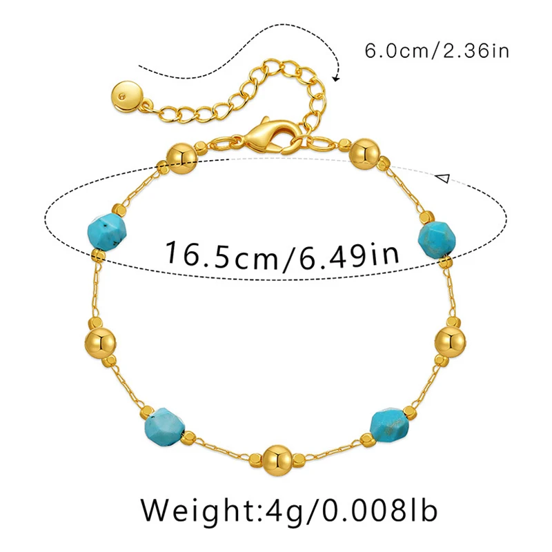 Irregular Cut Turquoise Beads Handmade 18k Gold Plated Metal Round Ball Chain Women Bracelet Fashion Day Wear Jewelry Gifts