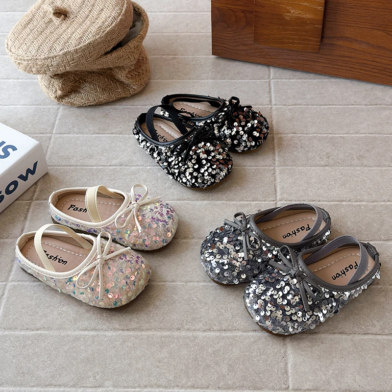 

Toddler Girls Sequin Slippers Children Flats Princess Shoes for Party Wedding Soft Sole Fashion Kids Dress Shoes with Bow-knot