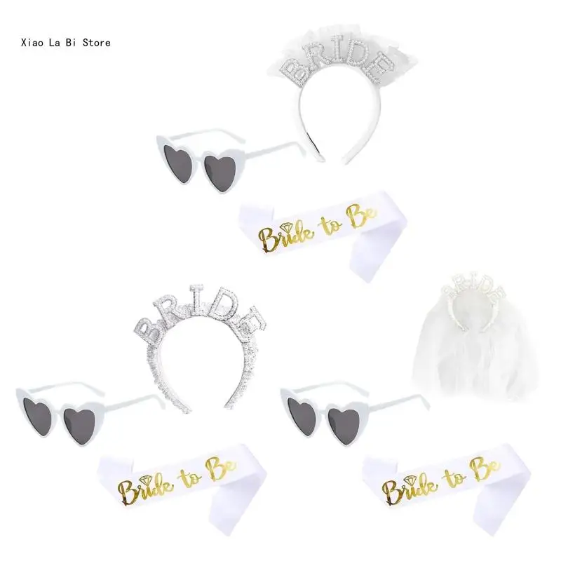 3PCS/Set Wedding Party Bride Pearl Headband with Heart Sunglasses&Sash Bride Pearl Heart Headband Photography Tools XXFD