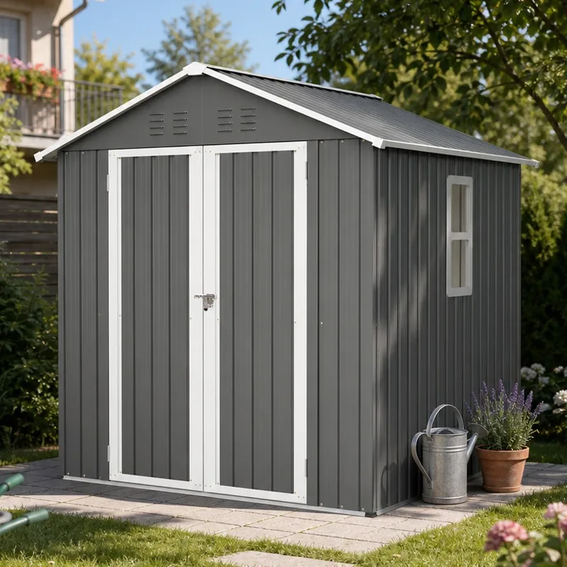 Abri de jardin métallique extérieur avec toit à pignon, fenêtre et aérations, étanche et résistant aux charges de neige, antirouille, avec serrure, gants et boulons d'ancrage pour le rangement sur patio, cour ou terrasse
