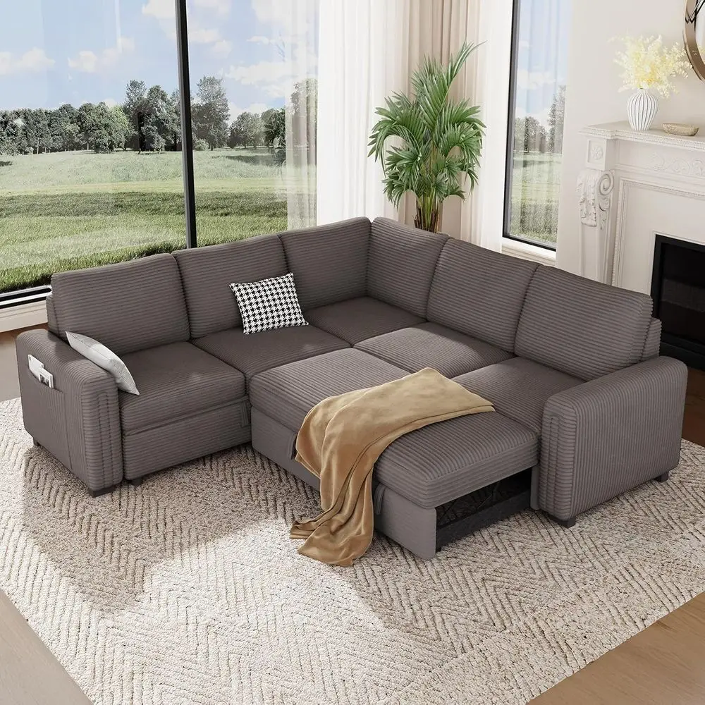 

88.4 Sleeper Sectional Sofa with Pull-Out Bed, 5-Seat L-Shaped Couch, Storage, Comfortable Corduroy Fabric for Living or Bedroom