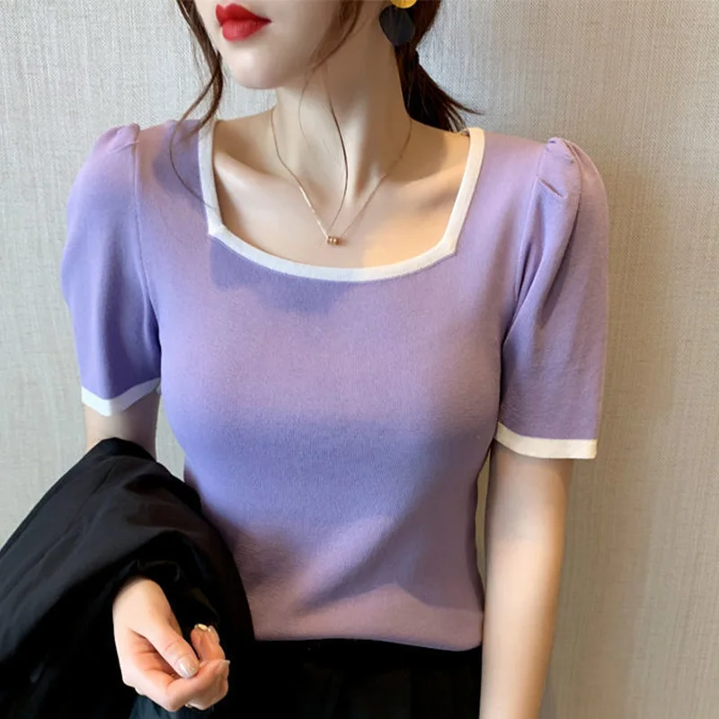 Stylish Square Collar All-match Puff Sleeve T-Shirt Female Clothing 2023 New Casual Pullovers Loose Korean Tee Shirt