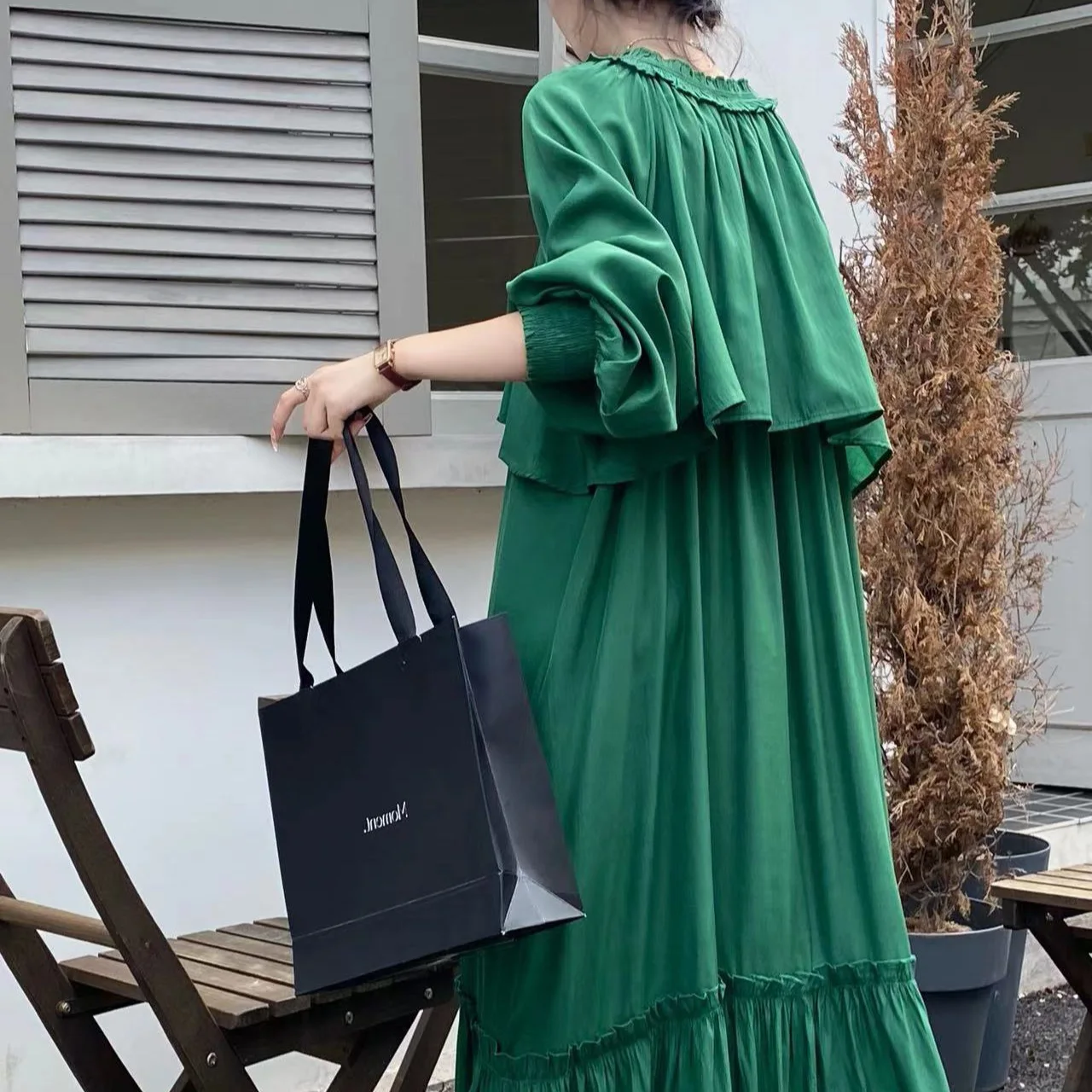 Anti-aging lange pure kleur Dr losse faionable houten kraag afslankende A-lijn jurk damesachtige Sle Lantern Sve