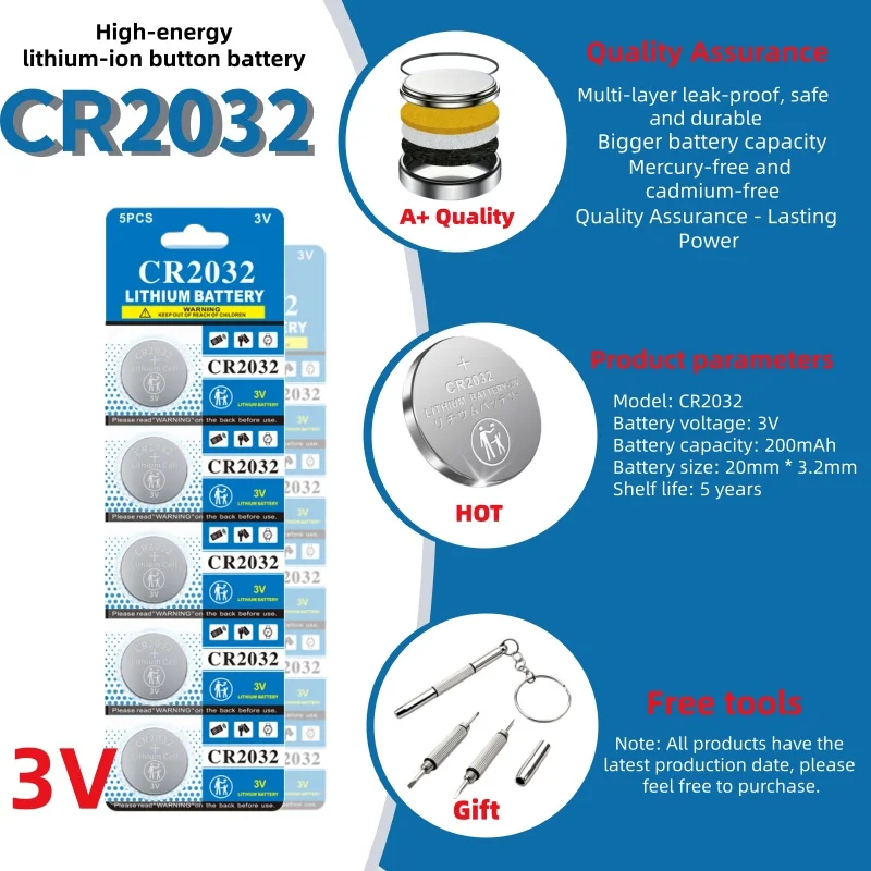 

CR2032 3V Lithium Battery 200mAh High Capacity for Watch, Toy, Calculator, Car Key,Remote,DL2032,5004LC,Long Lasting