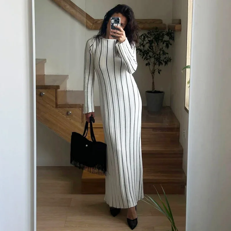 

Striped Knitted Hollow Long Dress for Women 2025 Beach Vacation Sexy Cover Up Maxi Dresses Female Long Sleeve Knitwear