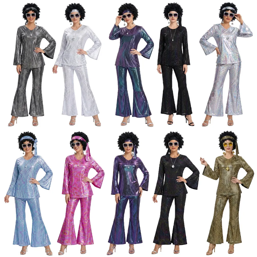 Disfraz de discoteca para mujer de los años 70, top, pantalones, gafas de sol, collar, aretes y peluca para Halloween, Pascua y fiestas de disfraces.