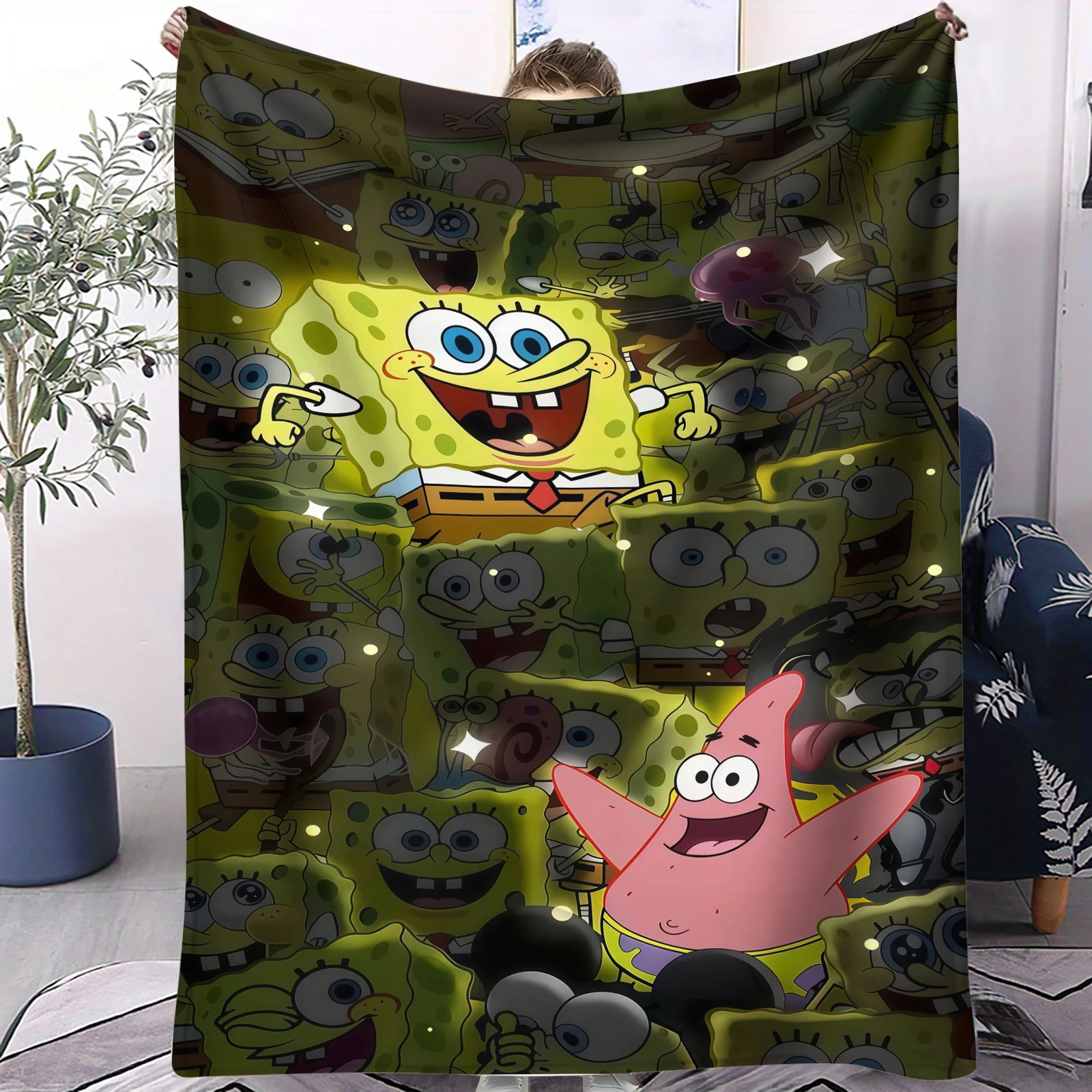 

Многофункциональное декоративное универсальное одеяло-плед из фланели с принтом Спанч Боб и Патрик, мягкое, универсальное, подарочное