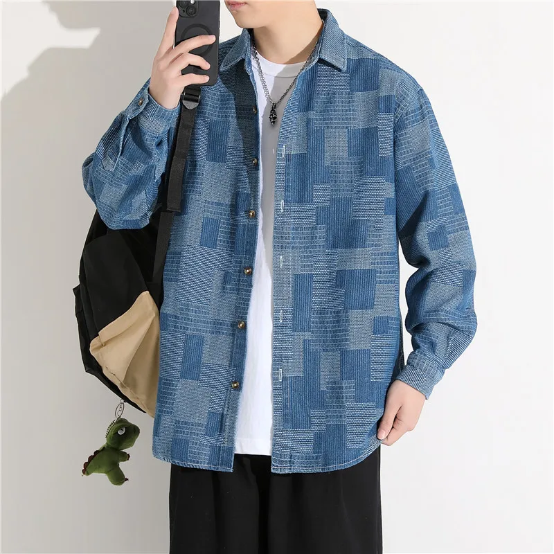 

Trendy Long Sve Casual irt Men's Autumn Sle Loose Fit Workwear Diamond Pattern Turn-down Collar Polyester Cotton Blend