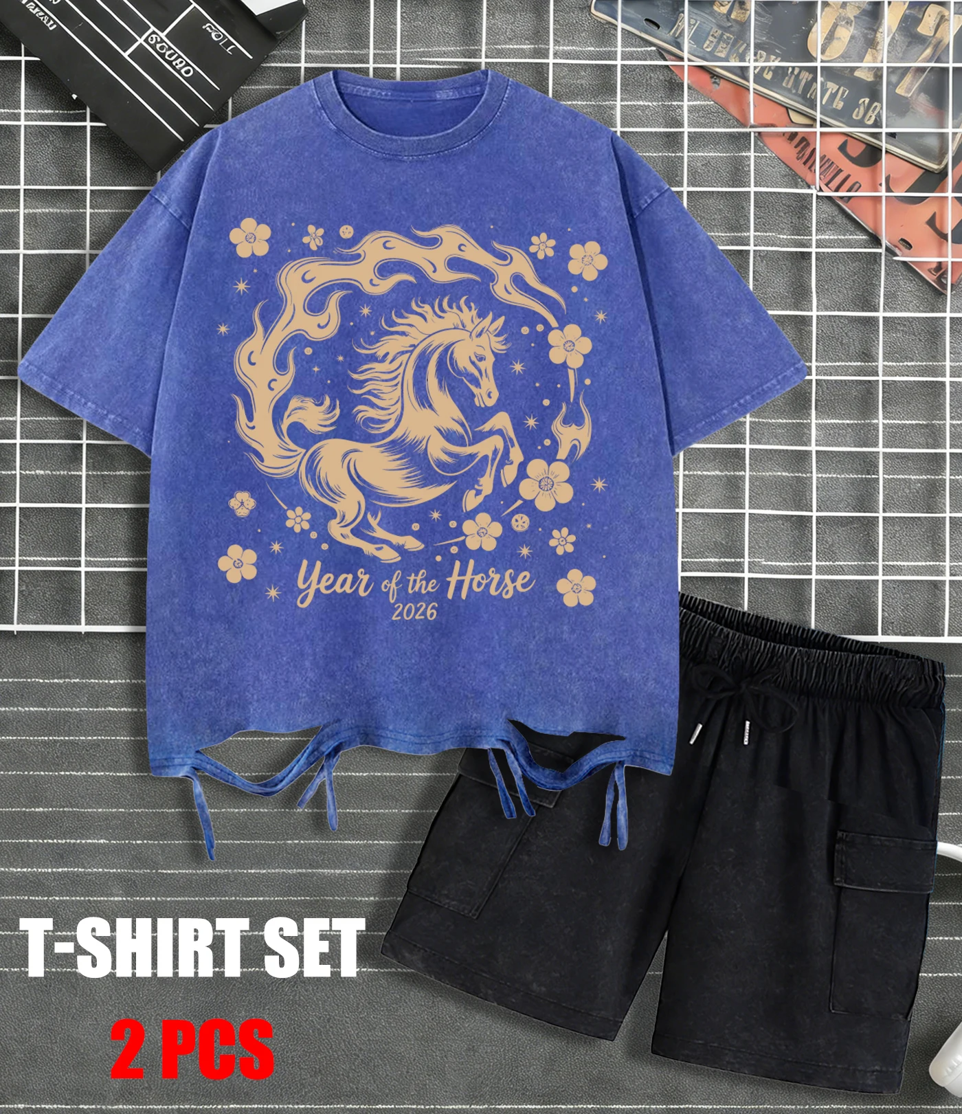 

2026 Year Of The Horses Design Washed T-Shirt Men Summer Breathable O-Neck Tops Cotton Loose Shorts Set Unisex Soft T-Shirts