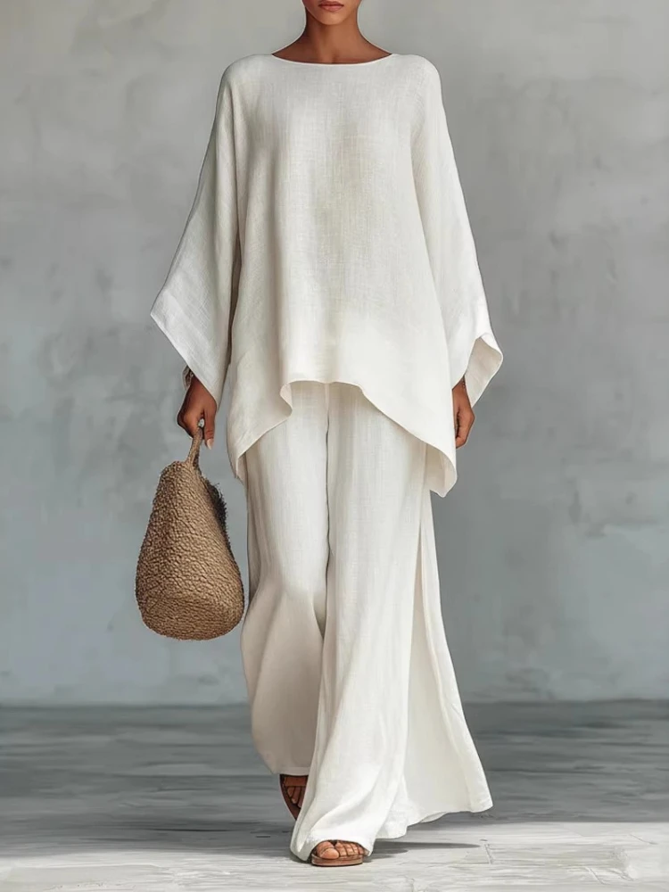 Summer New Fashion Linen Loose Long-sleeved Wide-leg Trousers 2-piece Set Women Casual Retro Elegant Female Simple Suit