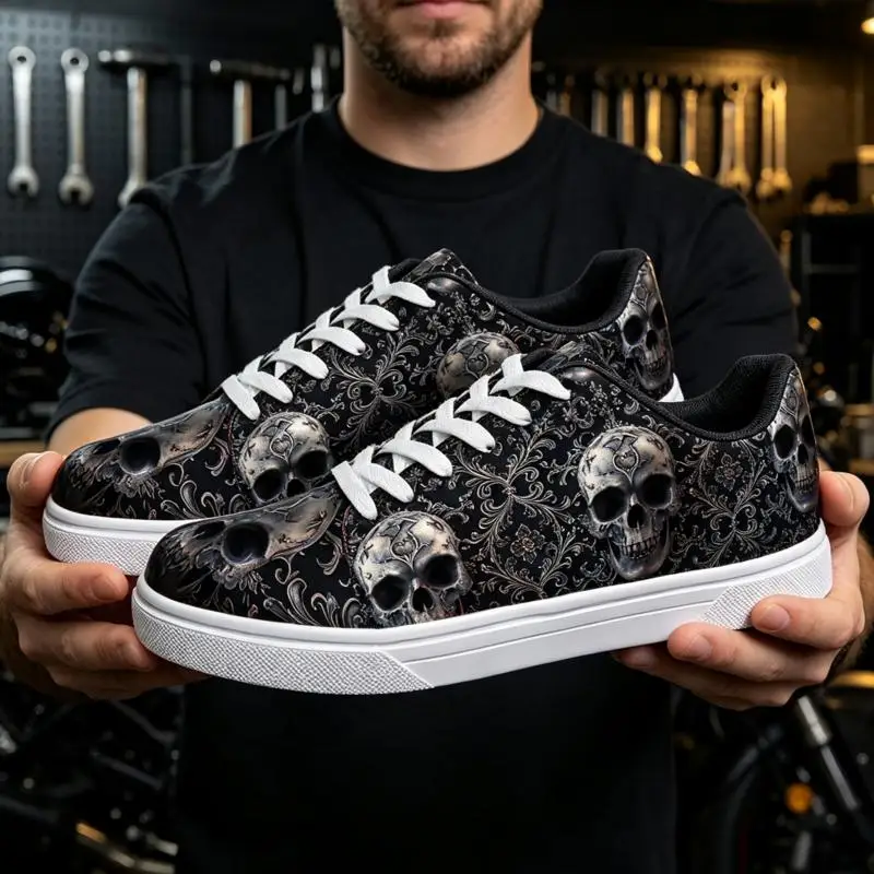 Ladies Men's casual low-top white sneakers，With exquisite skull design，Luxurious Art of Death，Suitable for Everyday Wear，Stylish