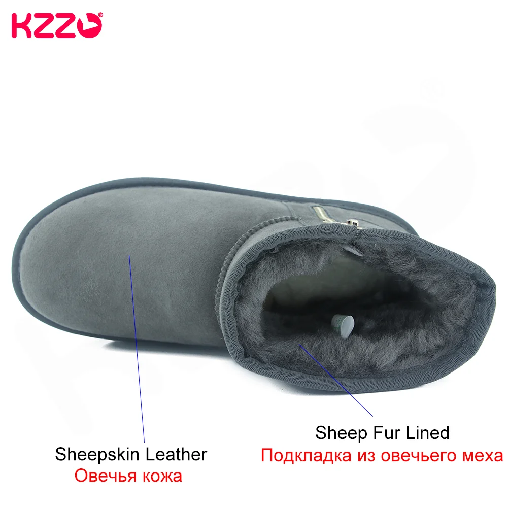 KZZO Australia Classic Winter Short Snow Boots With Zipper Men Sheepskin Leather Natural Wool Lined Ankle Warm Shoes Size 38-48