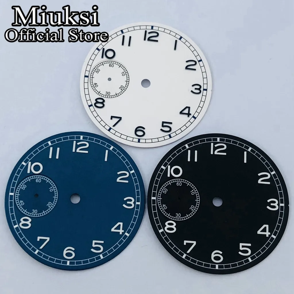 Miuksi 37mm czarno-niebiesko-biała tarcza zegarka świecąca pasuje do mechanizmu ETA 6497 lub ST3600