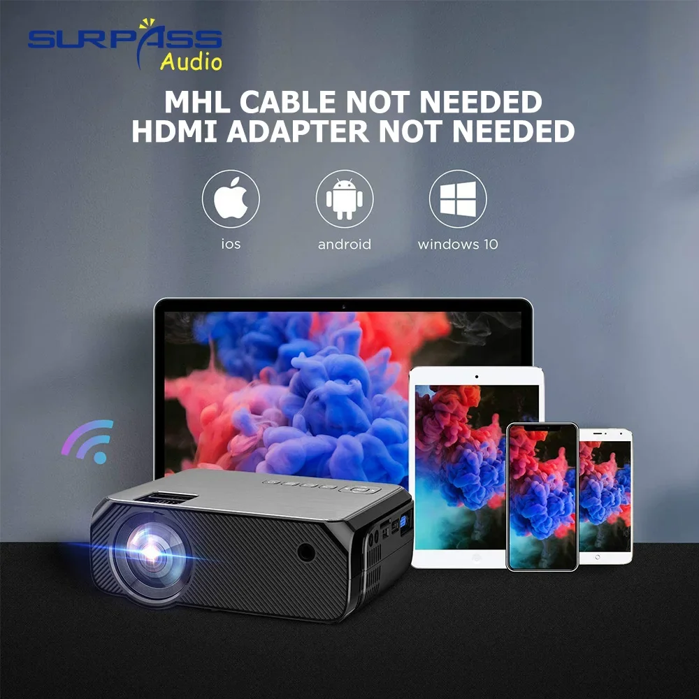 

Мини-видеопроектор с поддержкой 1080P, беспроводной Wi-Fi, встроенным динамиком, поддержкой 22 языков для домашнего кинотеатра и просмотра фильмов.