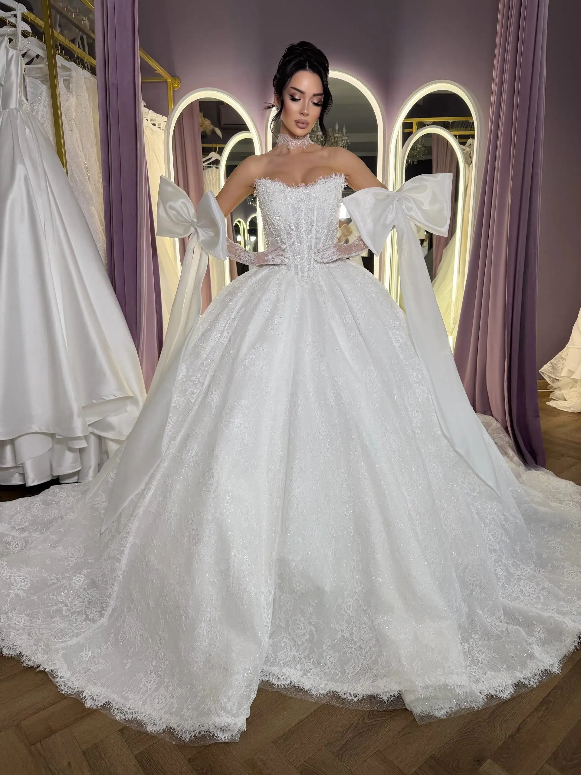 Customized Wedding dresses Detachable Sleeve bow Princess Bridal Gown Amanda Novias Official