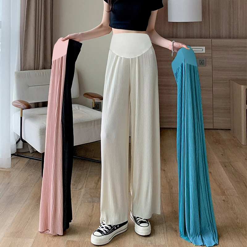 Wide Leg Loose Straight Pleated Pants for Maternity Summer Cool Breathable Belly Trousers for Pregnant Women Youth Pregnancy