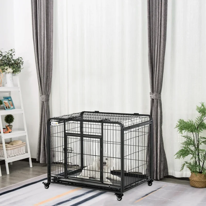 Folding Design Heavy Duty Metal Dog Cage Crate & Kennel with Removable Tray and Cover, & 4 Locking Wheels, Indoor/Outdoor 37