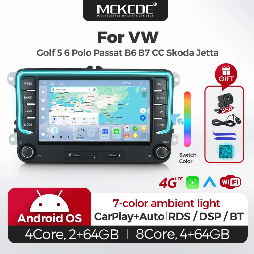MEKEDE Android 15 Kabelloses CarPlay Auto-Multimedia-Player für VW Golf Passat Polo EOS T5 Skoda Combi 4G WiFi Ambientebeleuchtung