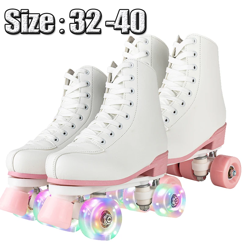 Size 32-40 Flash Double Row Roller Skates White Women Girls Beginner 4 Wheels Skate Shoes Outdoor Skating Training Quad Sneakers