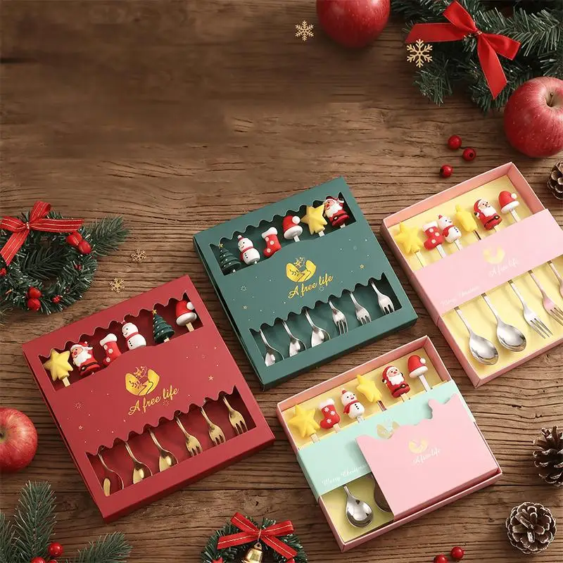 *4Pcs Stainless Steel Christmas Cutlery Spoon Fork Set Cartoon Handle And Gift Box For Holiday Gifting Xmas Dinner Table Decor