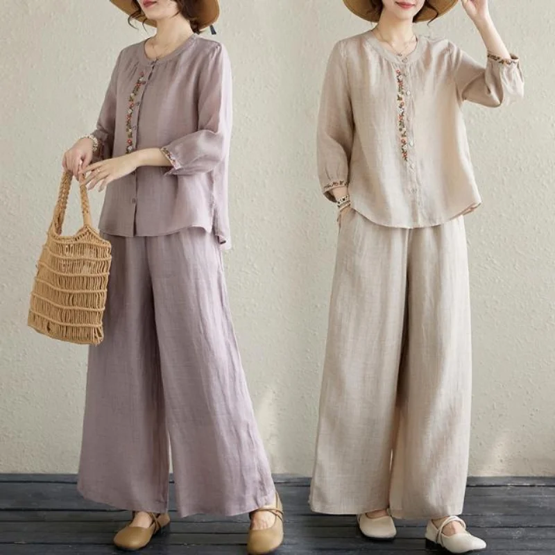 

New Commuter Chinese Style Embroidered Shirt Loose Casual Pants Two-piece Set Casual