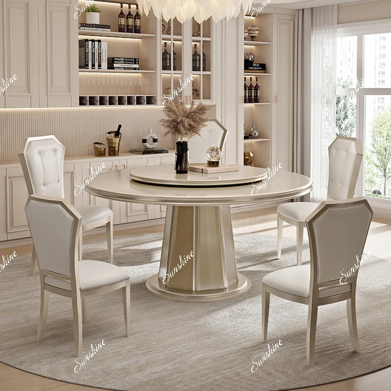 

Light luxury round dining table and chair combination French simple solid wood round dining table with turntable eating table