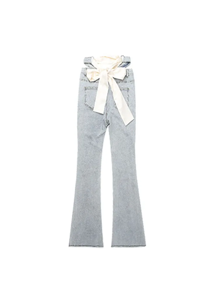 Y2k Blue Flare Jeans E Girl Style Sexy Hollow Out Strechy Bandage Trousers 2022 New Women High Waist Harajuku Floor-Length Pants