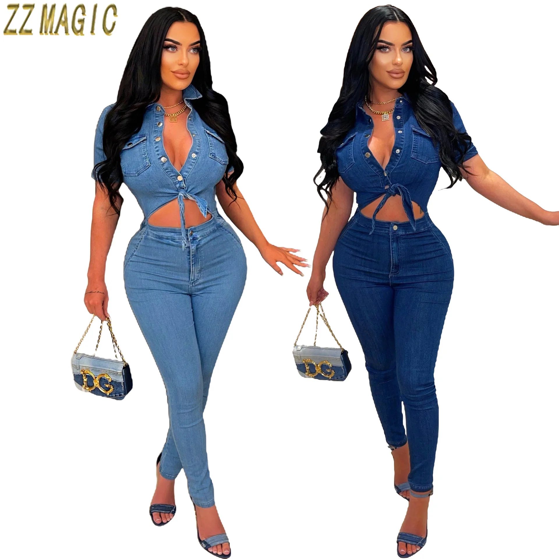 Vintage Skinny Denim Jumpsuit Women Short-sleeved Hollow Sexy Lace-up Shirt Girls Pants Jeans Bodysuit Rompers Street Overalls