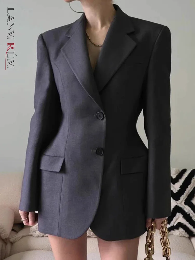 [LANMREM] blazer pinggang Gathered temperamen untuk wanita jaket kantor Solid wanita Single Breasted 2024 musim semi baru 26D8986